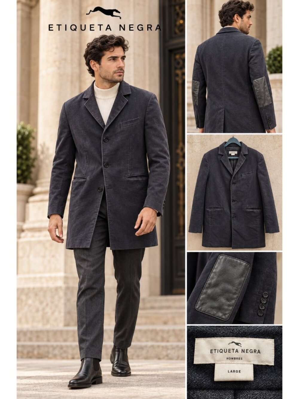 Etiqueta Negra Men’s Black Cotton Merino Wool Leather Trim Coat Size L